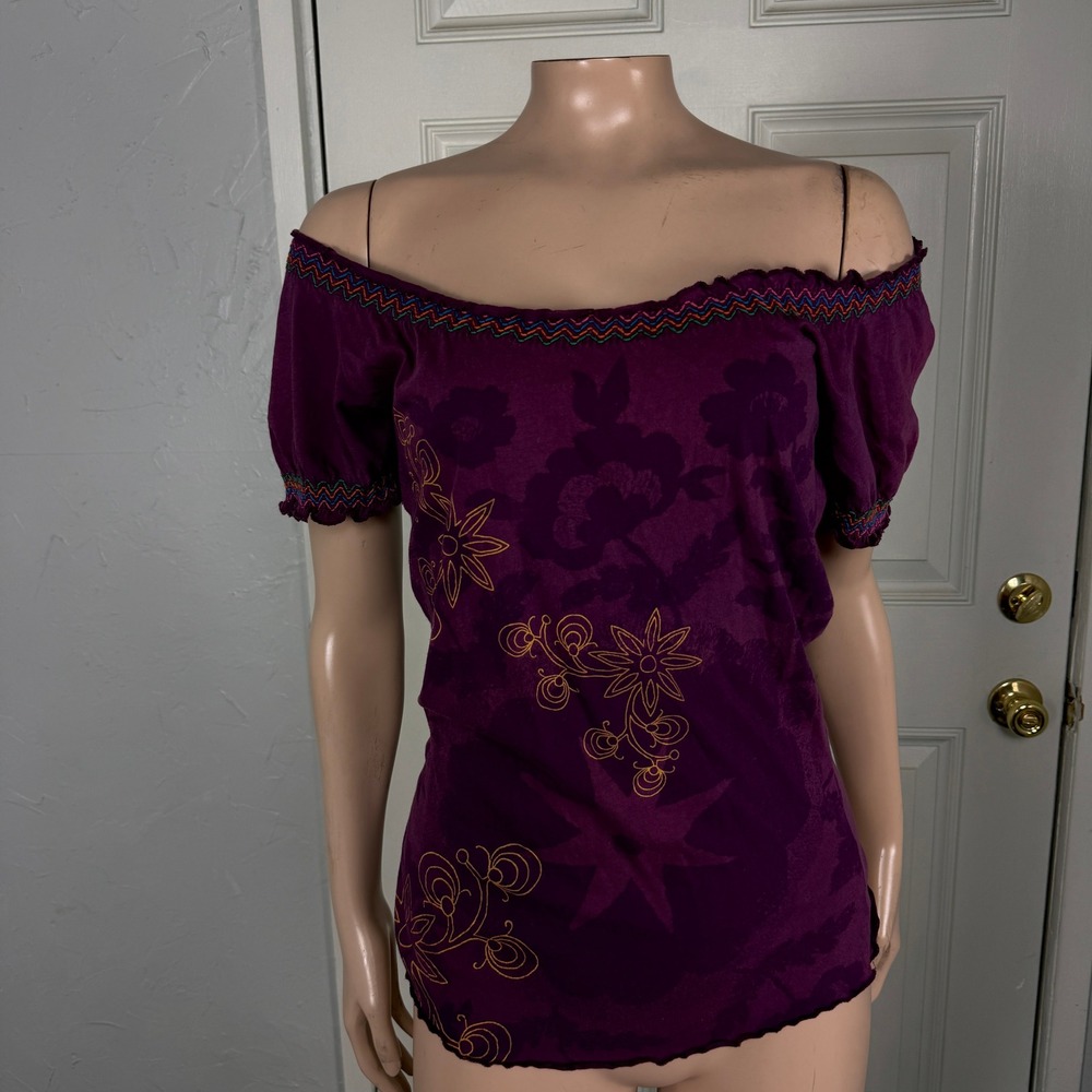 Vintage y2K l.o.l. Top M T-Shirt Floral Embroidered off shoulder Boho Cotton LL9